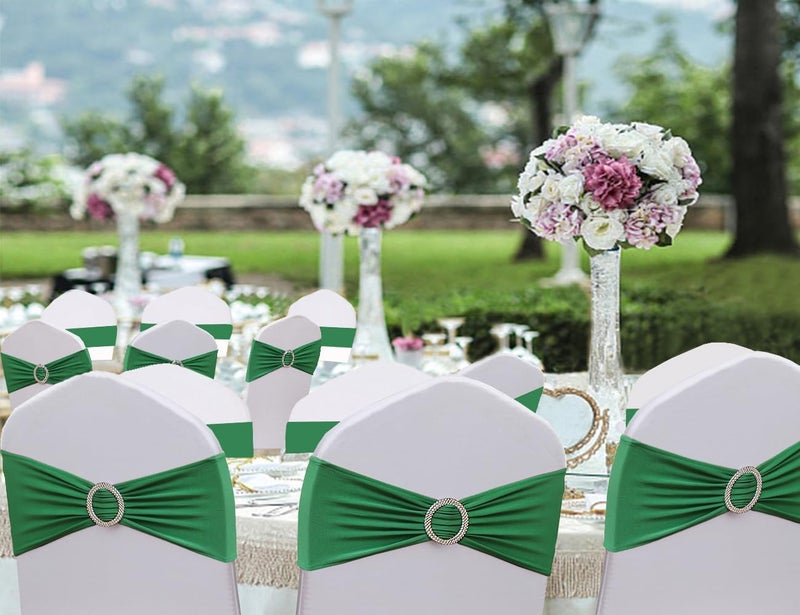 JFDYDM 50 Pack Emerald Green Chair Sashes, Spandex Green Chair Bands Chair Bows Ties with Buckle Slider for Christmas Party Birthday Event Decorations - Image 4